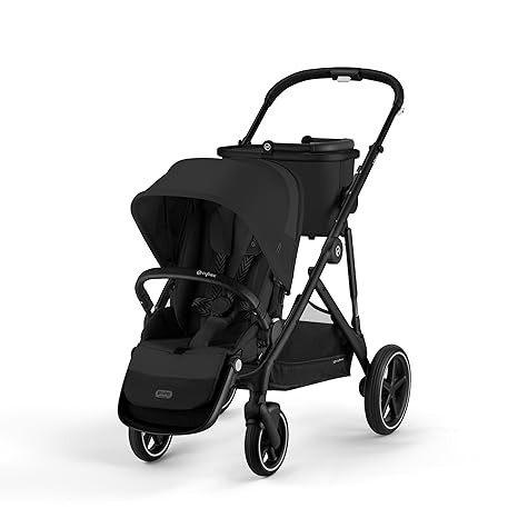 Cybex Gazelle S 一体式幼儿和婴儿推车,20 多种模块化配置,符合人体工程学的近平斜倚,购物篮和紧凑折叠,月亮黑色,黑色框架